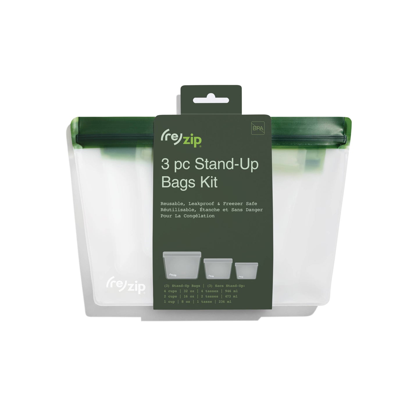 Rezip Co. - Reusable Stand-Up Storage Bags - Green Asst - 3 Piece Set