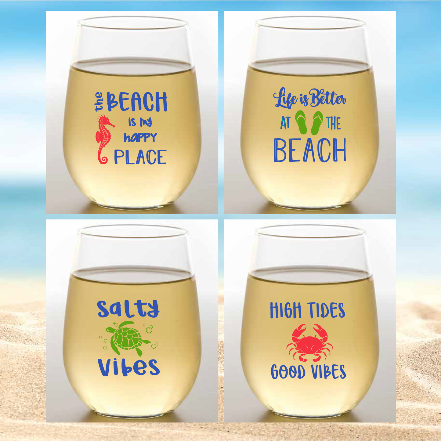 BEACH LIFE Stemless Tritan Plastic 16 oz Wine Tumblers USA