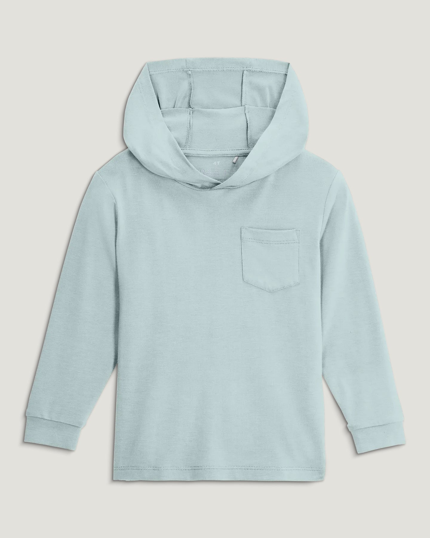 Light blue hoodie with a pocket on a light gray background