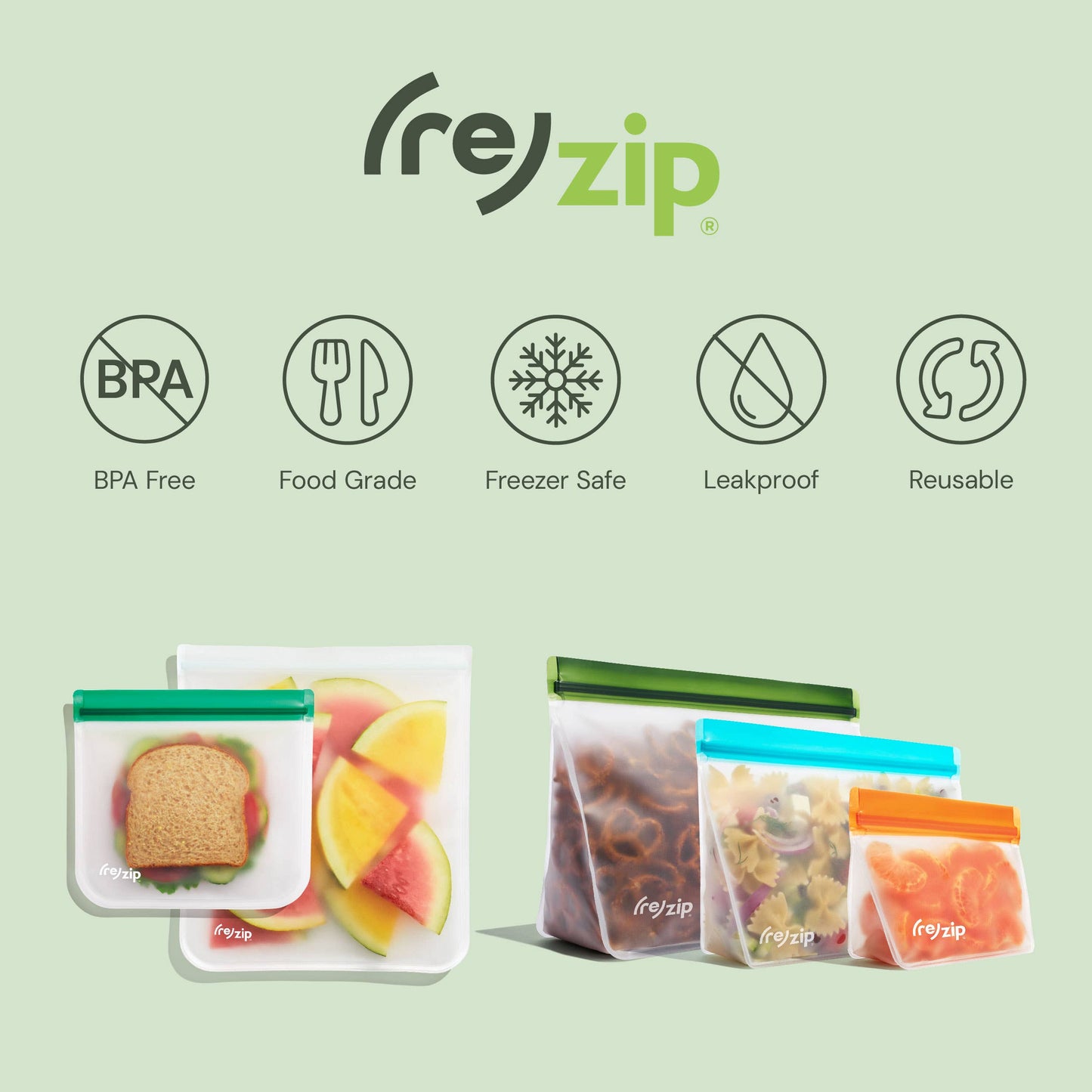 Rezip Co. - Reusable Stand-Up Storage Bags - Asst Clr #2 - Sm - 5 Pc Set