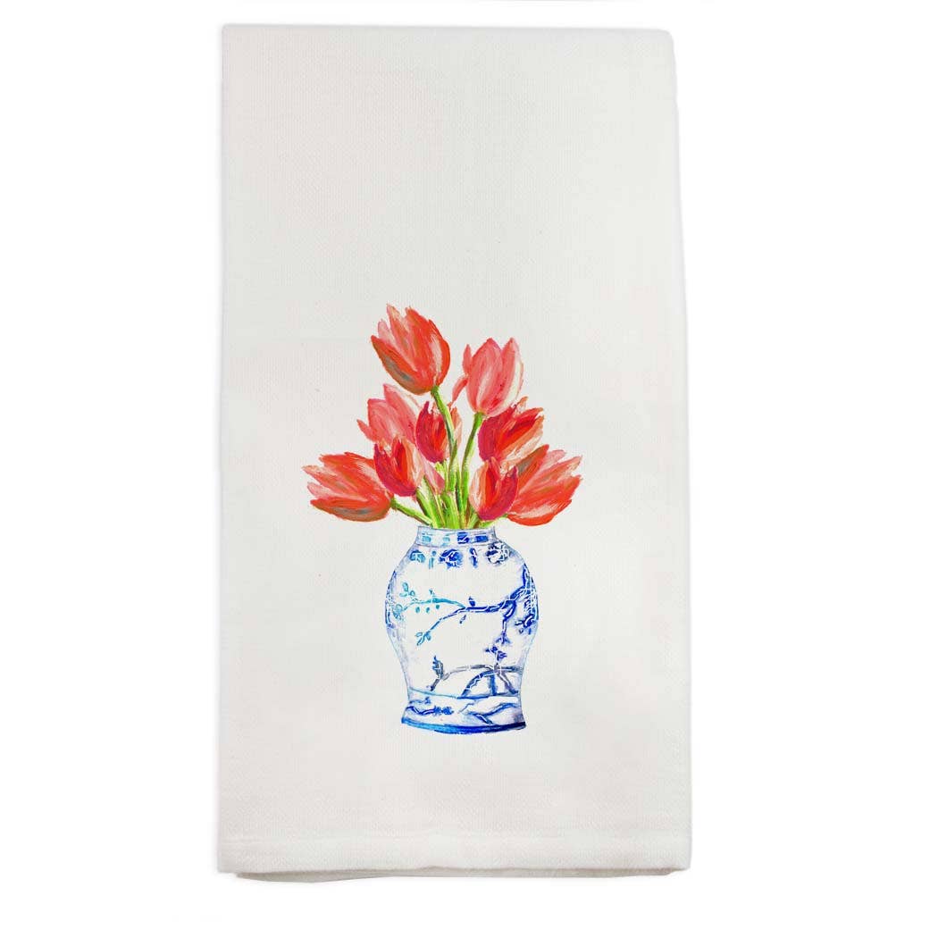 Blue and White Ginger Jar with Tulips Dishtowel